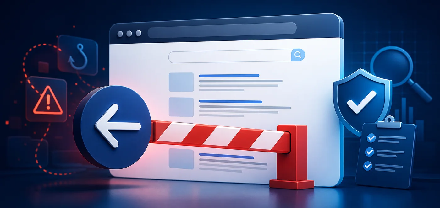 Browser back button blocked by a deceptive navigation barrier during a website compliance audit