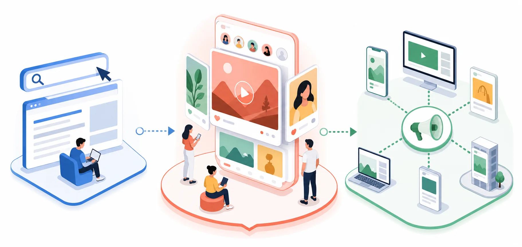 A visual comparison of search intent, audience-led discovery, and automated distribution