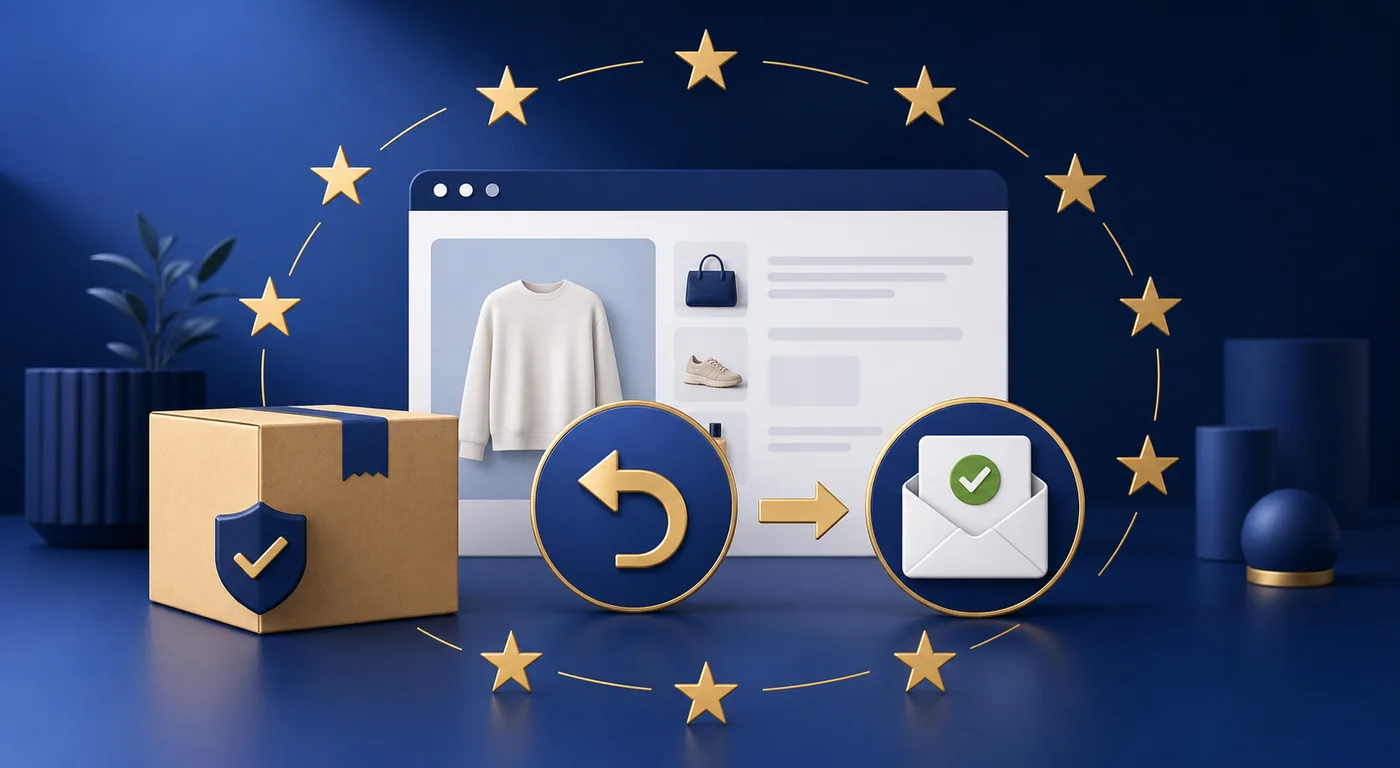 EU ecommerce withdrawal function connecting an online order, return action and email acknowledgement