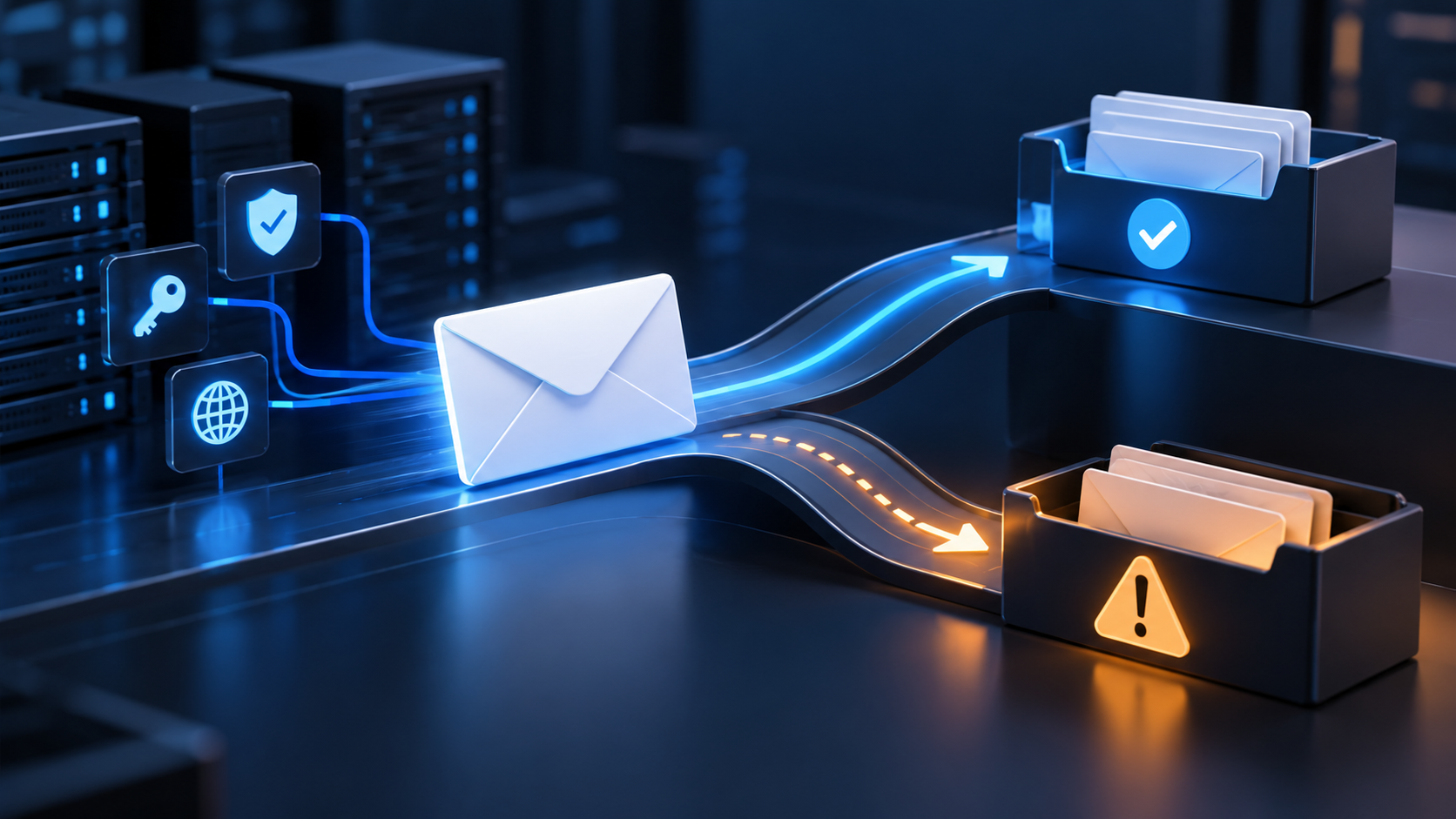 Illustration of a Clubtide email being routed toward the Inbox or Spam