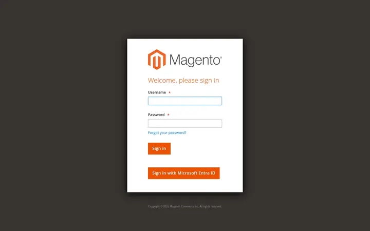 Magento admin login with a Sign in with Microsoft Entra ID button.
