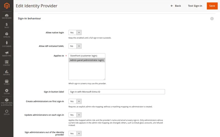 Per-provider sign-in area, admin provisioning and role sync settings.