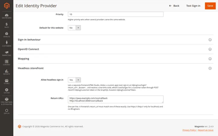 Headless storefront sign-in with registered return URLs and token exchange.