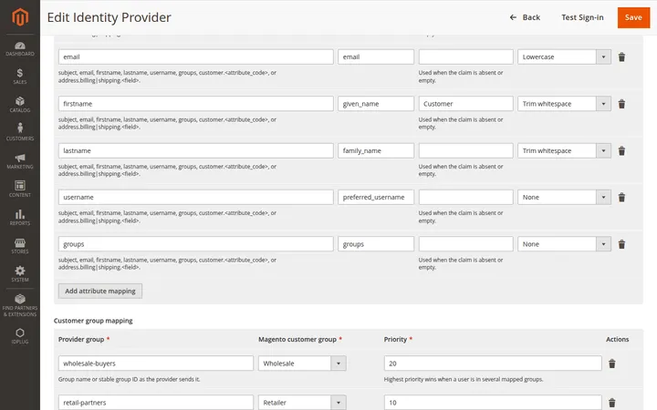 Advanced attribute mapping with transformations and customer group mapping.