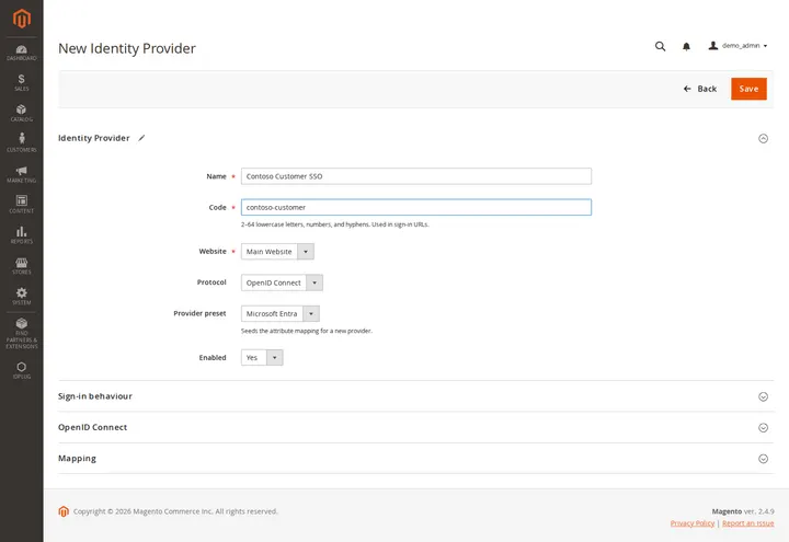 Identity provider record: website, protocol and provider preset in one screen.