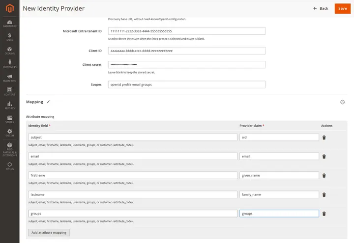 Attribute mapping from provider claims to the Magento customer identity.