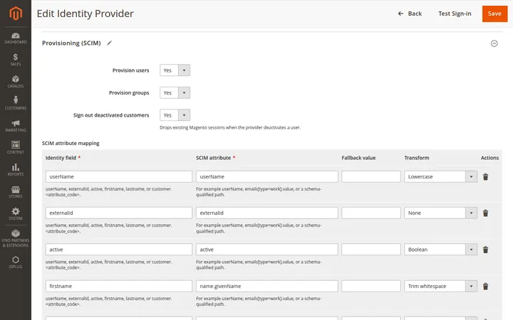 SCIM provisioning settings on the identity provider record.