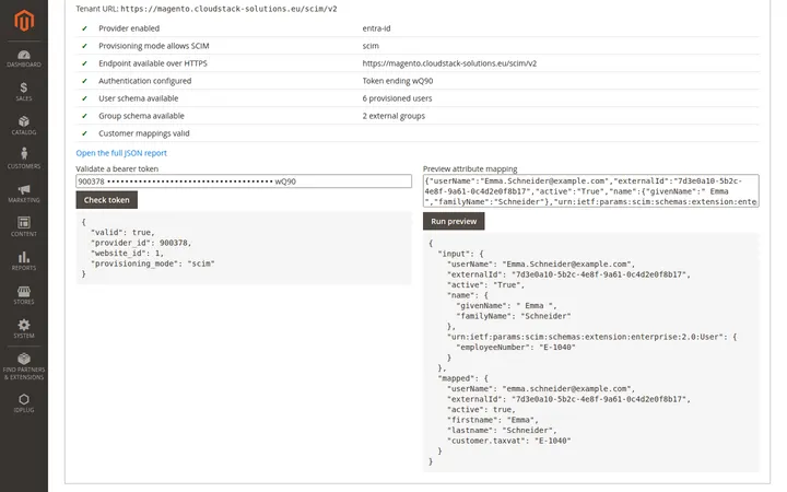 Provisioning diagnostics: endpoint checks, token validation and mapping preview.