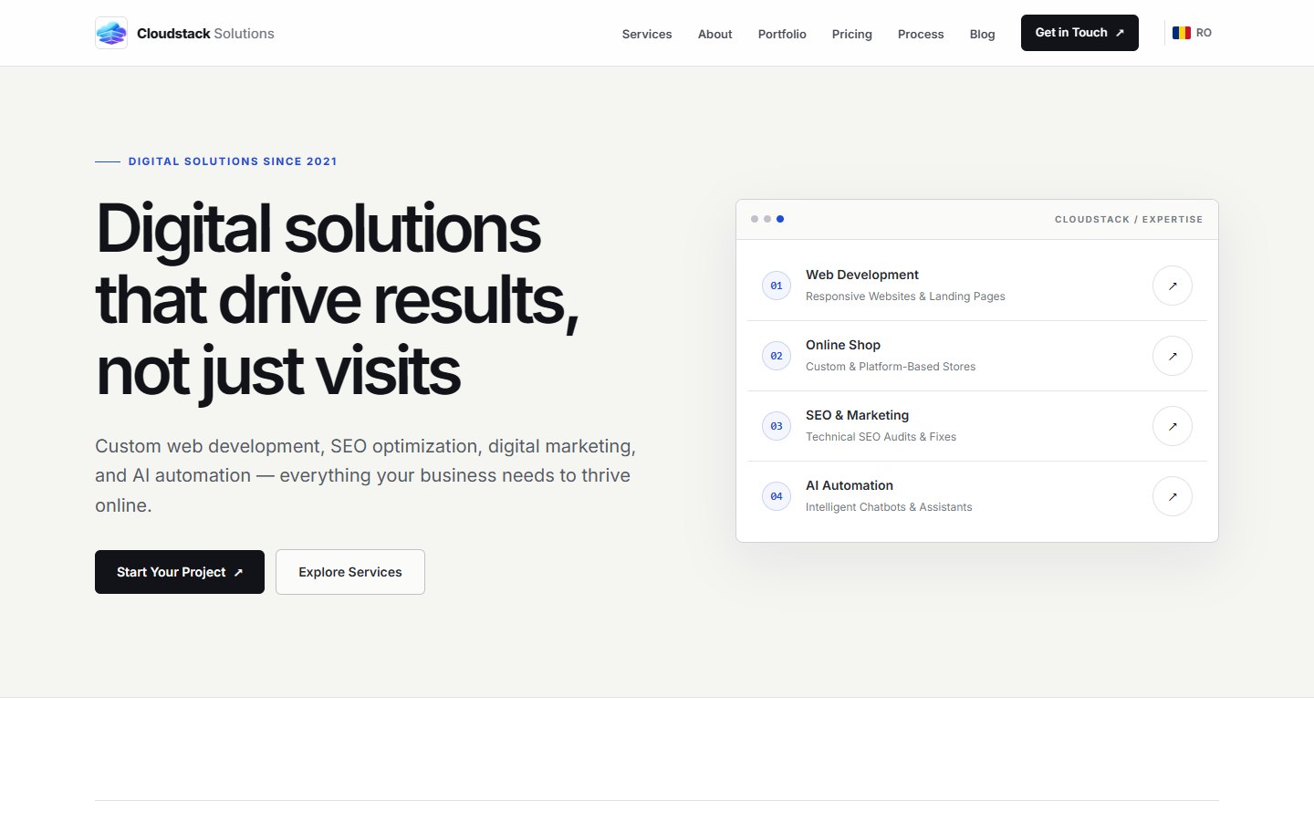CloudStack Solutions homepage presenting web development, SEO, marketing, and automation services