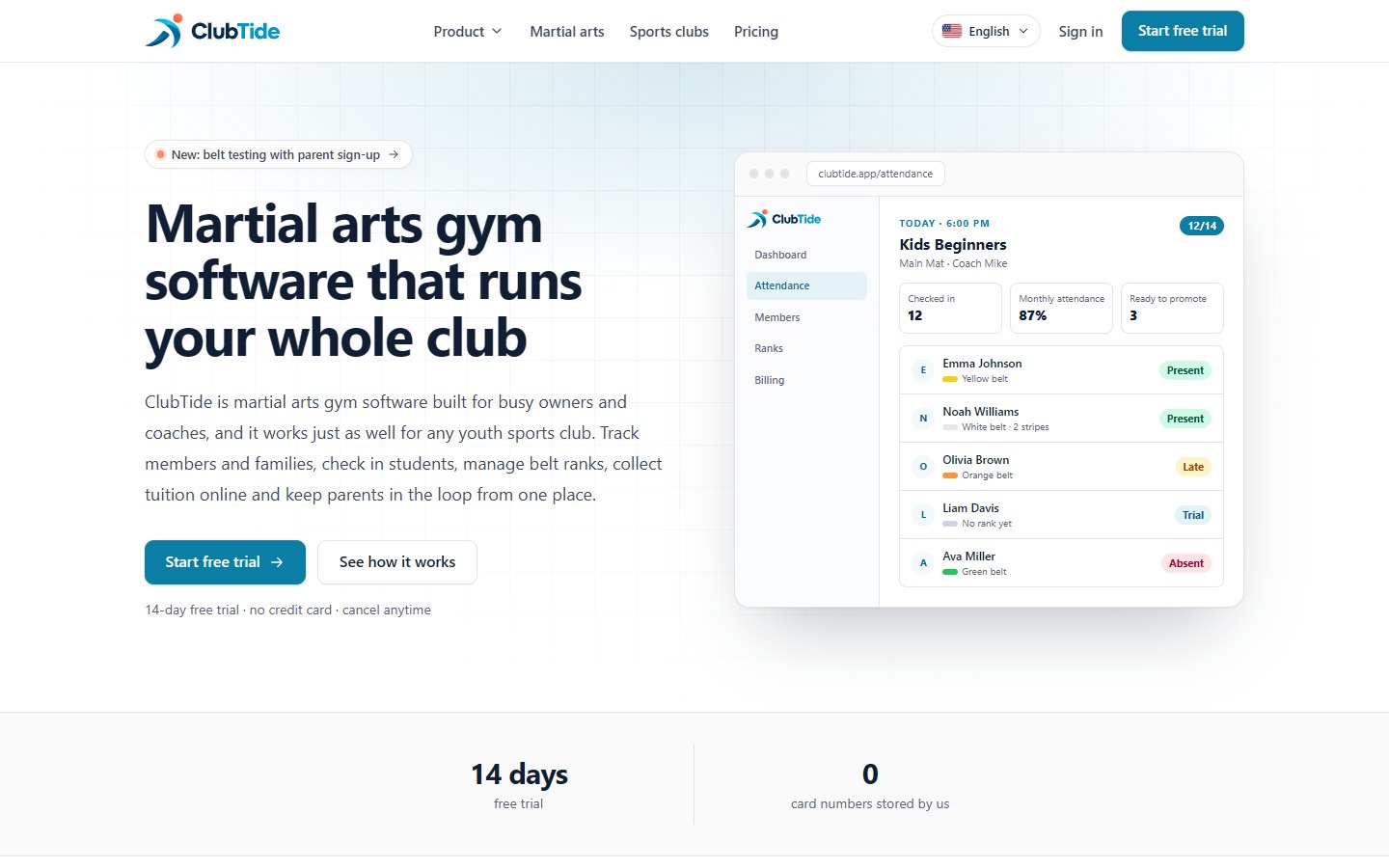 ClubTide homepage showing its martial arts club management dashboard and attendance workflow