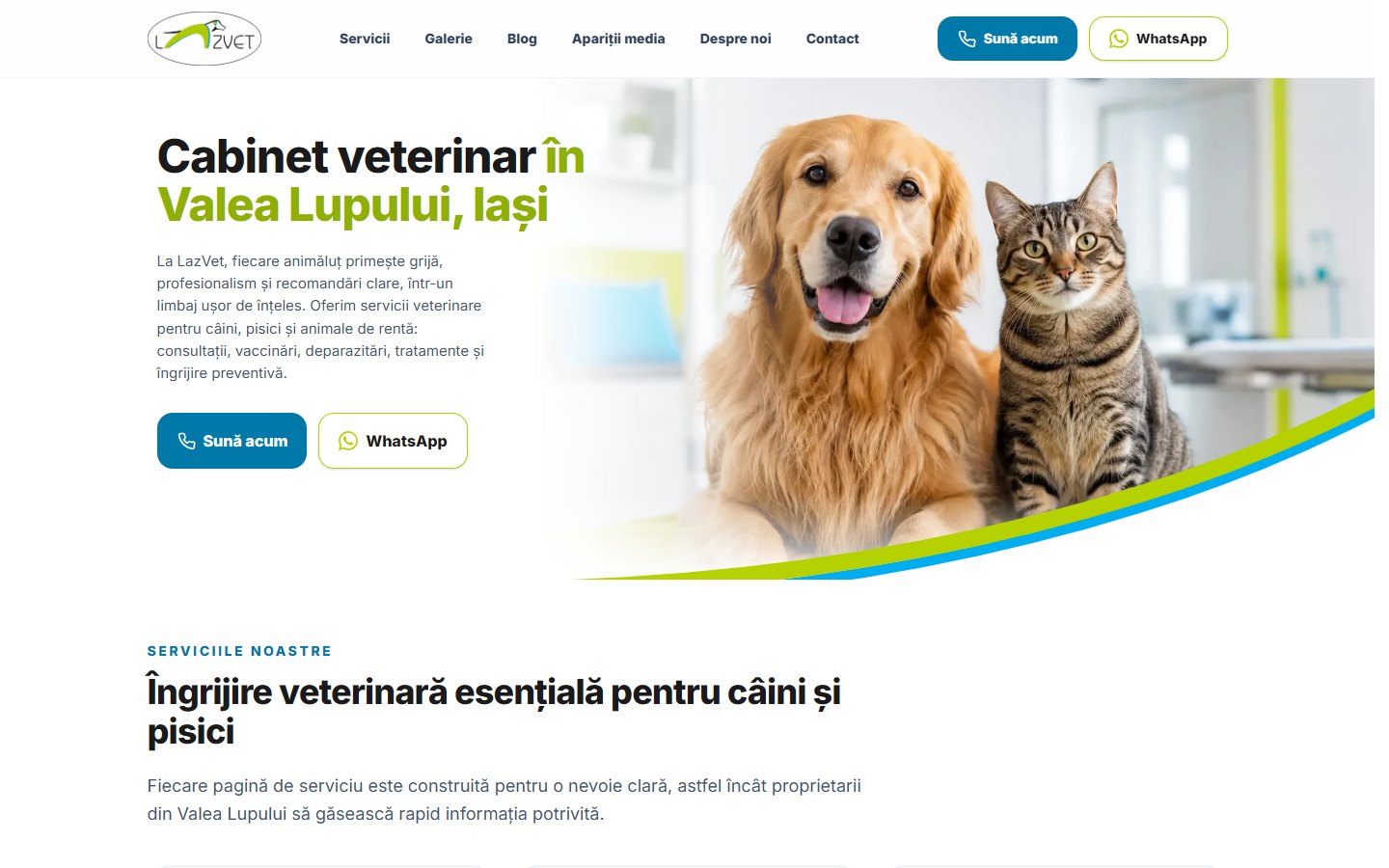 LazVet veterinary clinic homepage with service messaging and pet photography