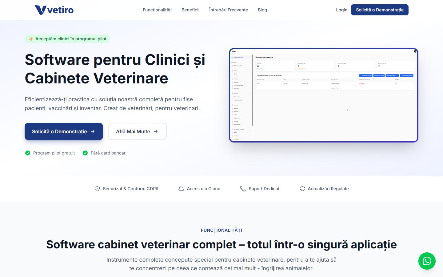 Vetiro homepage showing the veterinary practice management dashboard